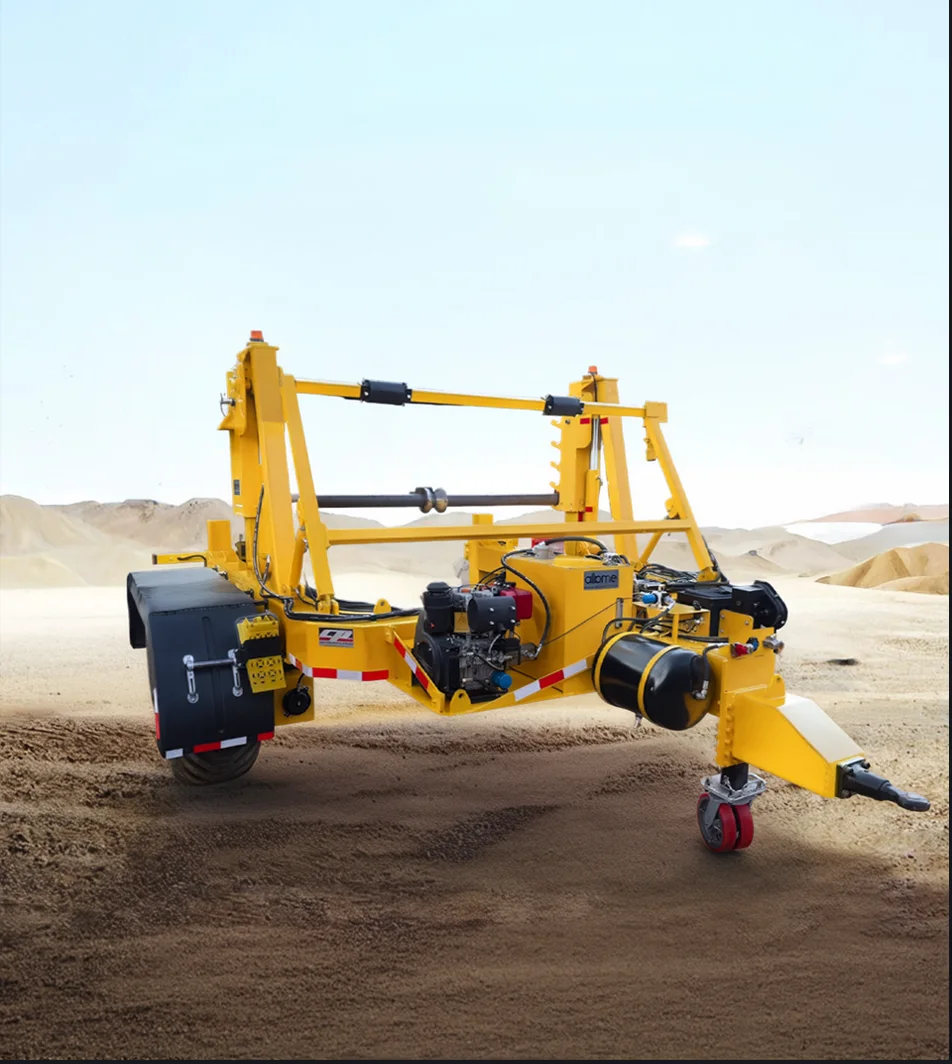 Cable reel trailer loaded with a cable drum on a job site